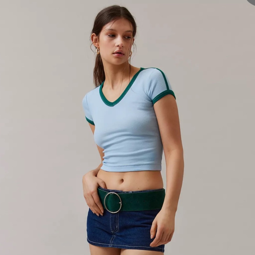 BDG Light Gray V-Neck Tee with Dark Green Trim